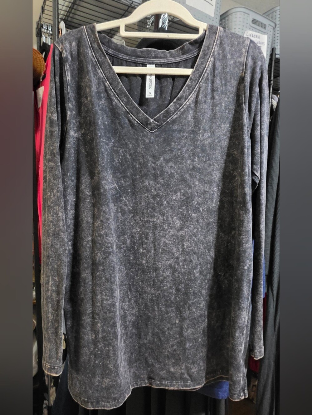 Zenana Outfitters Mineral-Wash V-Neck T-Shirt- Grey Black
